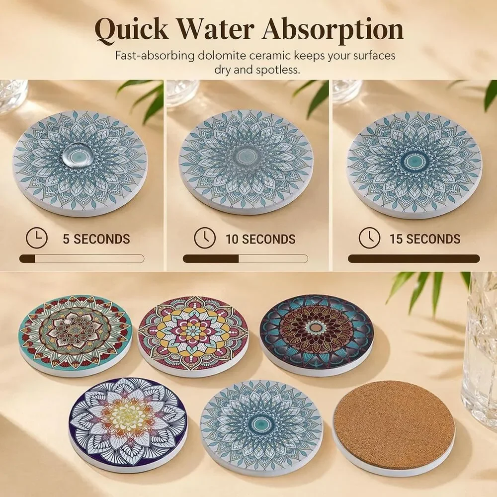 Ceramic Drink Coasters Set of 6 Absorbent Mandala Cork Holder Table Protector